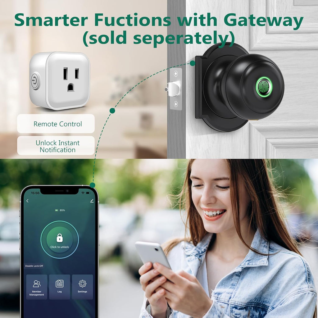 GeekTale Fingerprint Door Lock, Smart Lock with App, Biometric Door Lock, Thumbprint Door Knob, Smart Fingerprint Door Knob for Bedroom, Office, Apartment