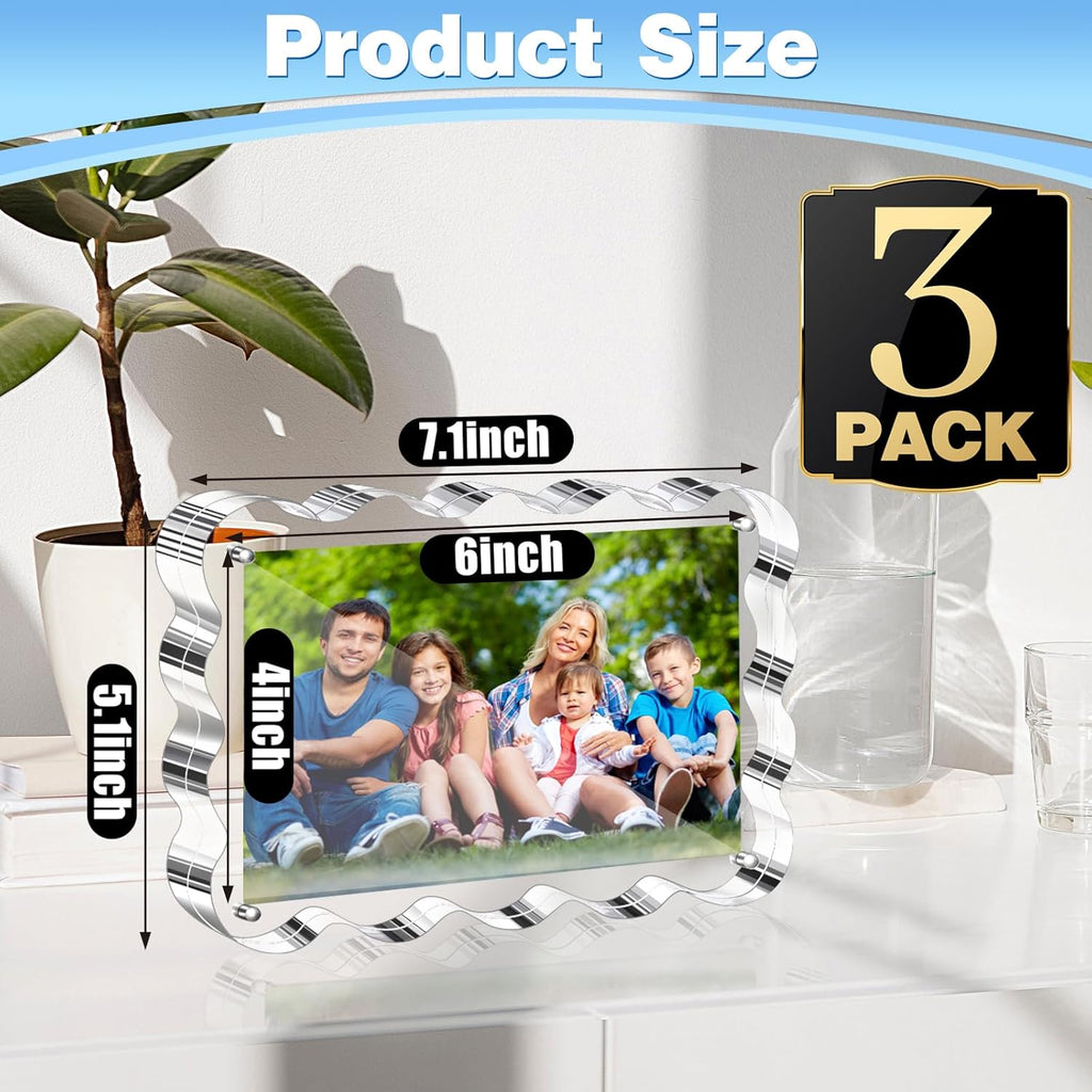 Aheroi Acrylic Picture Frames, 3 Pack 4x6 Clear Scalloped Photo Frame Freestanding Magnetic Double Sided Picture Frames, Transparent Thickened Frameless Acrylic Sign Holder, No Instal, Gifts Choice