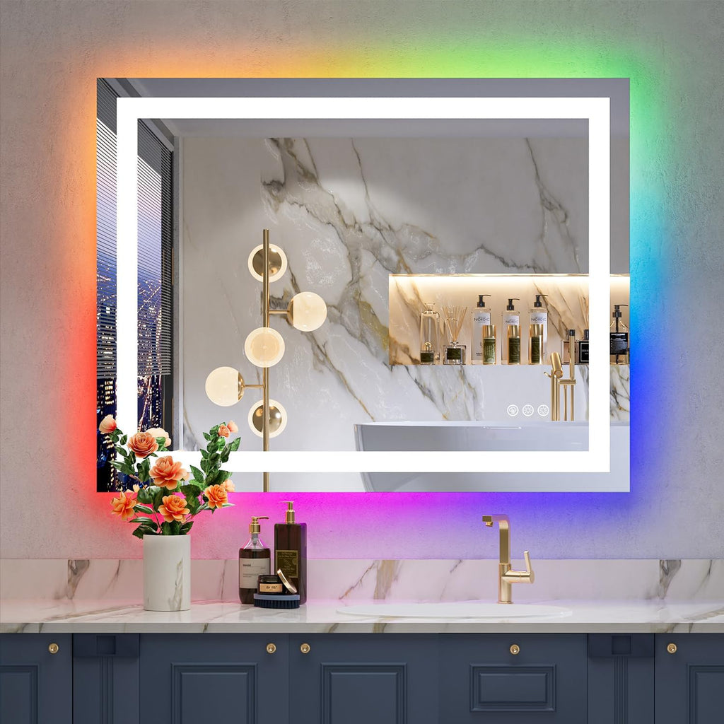 36x30 Inch RGB LED Bathroom Mirror Front Light and RGB Backlit Lighted Vanity Mirror for Bathroom Wall Mounted Dimmable Anti Fog Memory Shatter-Proof IP54 Waterproof Horizontal/Vertical
