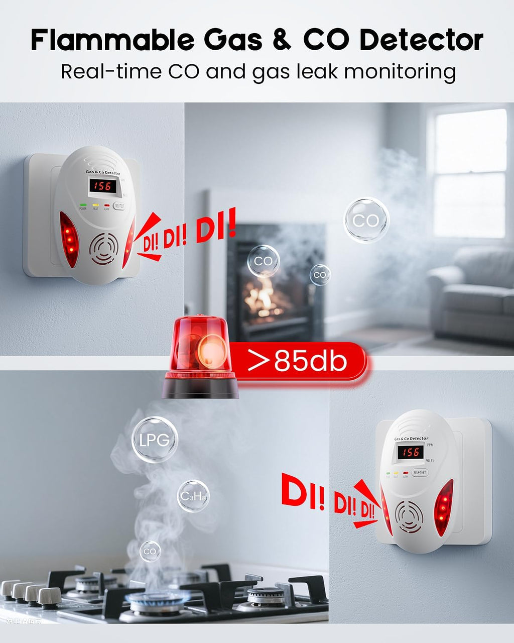 Carbon Monoxide Detectors and Natural Gas Detector, Carbon Monoxide Detectors Plug in, Dual Alarms Gas Leak Detector with Light - Natural, Co Leak Detection for Home, RV Essentials, White, 1Pcs