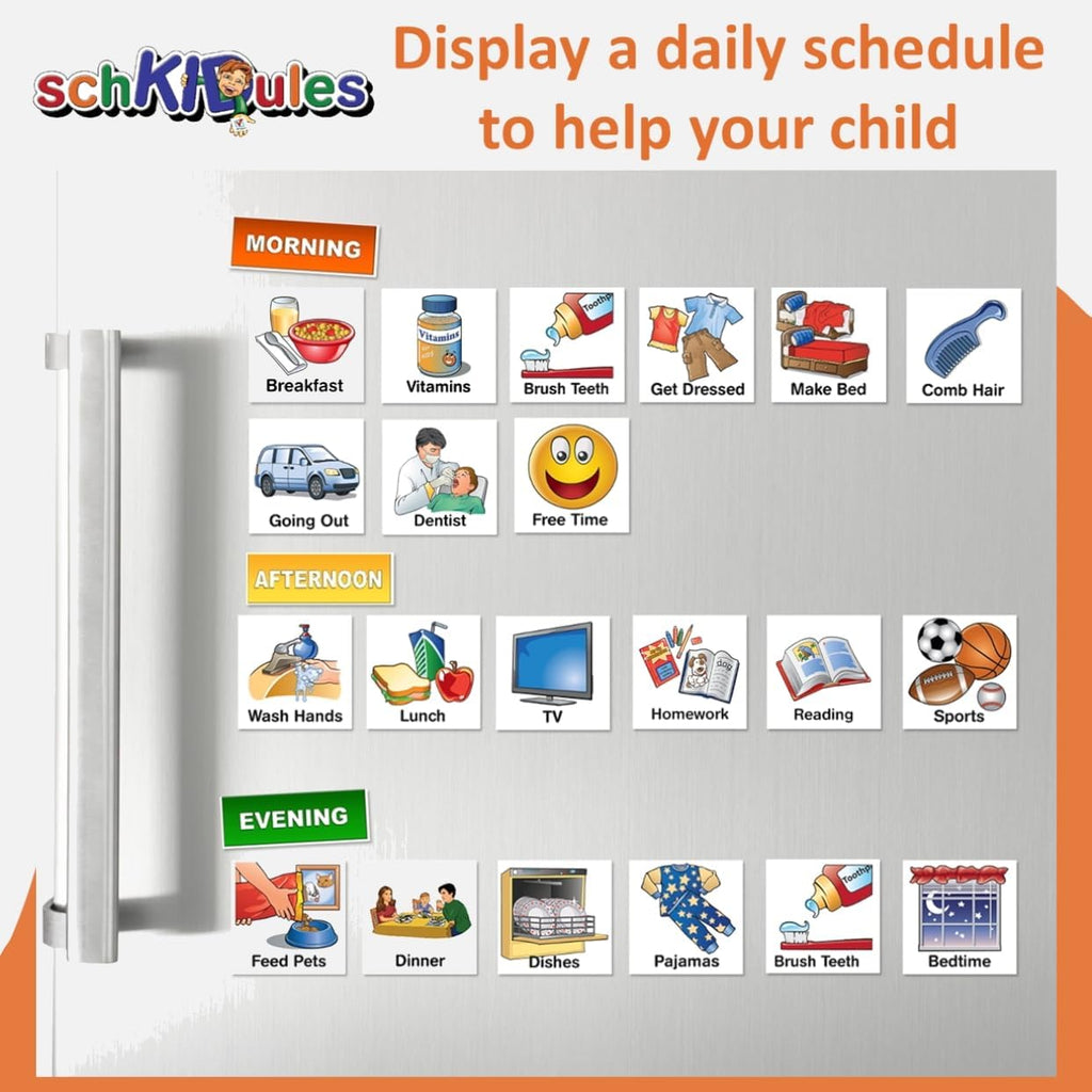 Kids Visual Schedule Magnets and Headings: SchKIDules 93Pc Home Collection for Daily Routines, Chores, Executive Functioning, Behavioral Supports, Communication-Good for Toddlers, ADHD, Autism
