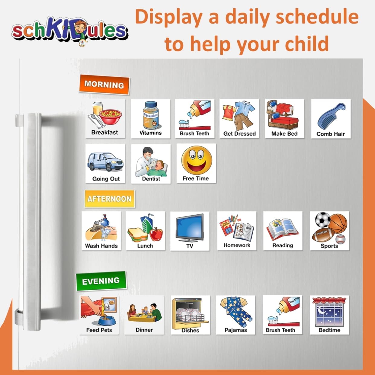 Kids Visual Schedule Magnets and Headings: SchKIDules 93Pc Home Collection for Daily Routines, Chores, Executive Functioning, Behavioral Supports, Communication-Good for Toddlers, ADHD, Autism
