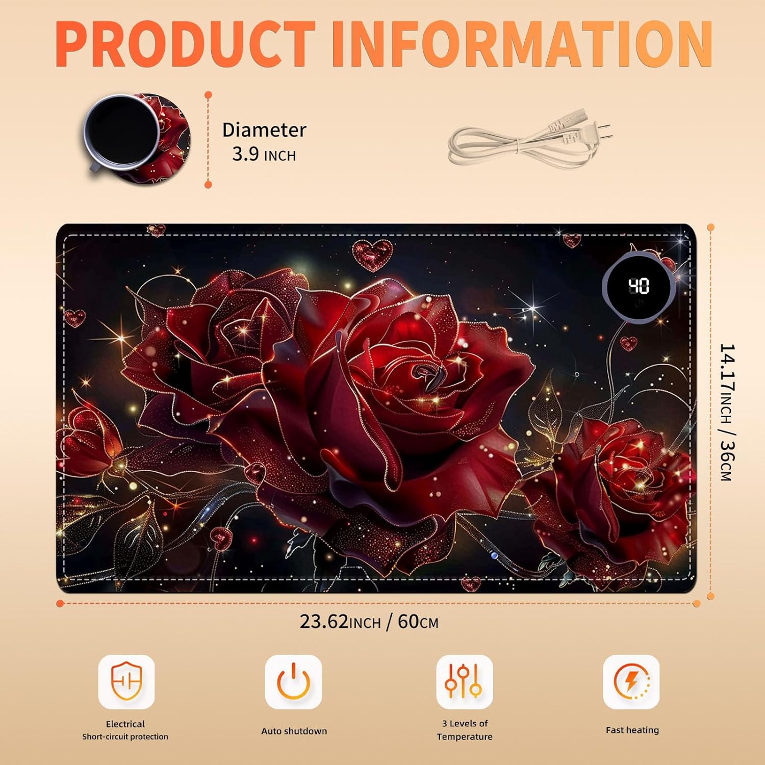 Heated Mouse Pad, Warm Desk Pad, Keyboard Mat 23.6 x 14 Inch Large Size Intelligent Fast Heating, 3 Speed Adjustable, Timed Auto Power Off for Game Office Home, Flowers Roses