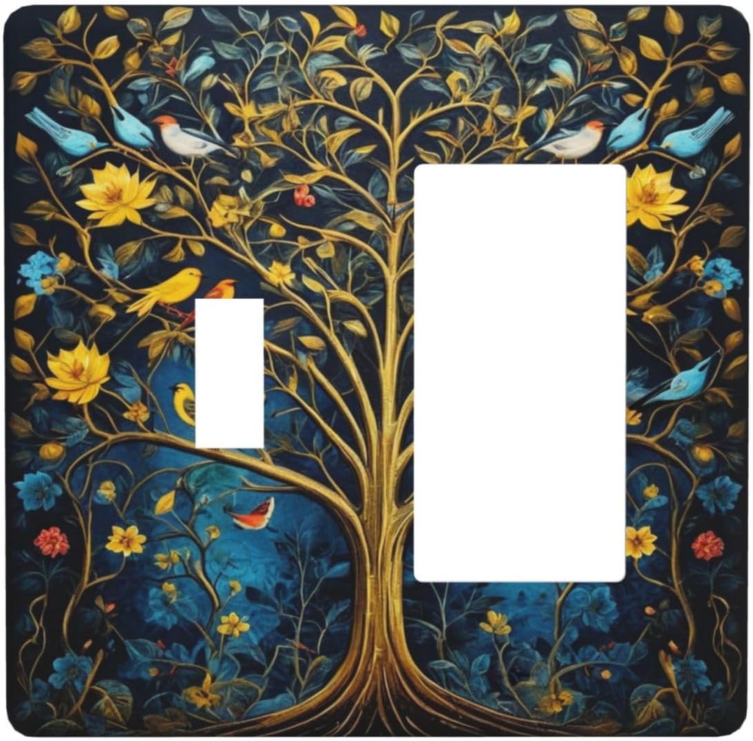 Gold Tree With Birds Flowers on Branches Light Switch Covers 2 Gang Single Toggle Rocker Combination Wall Plate Cover Electrical Faceplate Decorative Switchplate for Farmhouse Living Decor