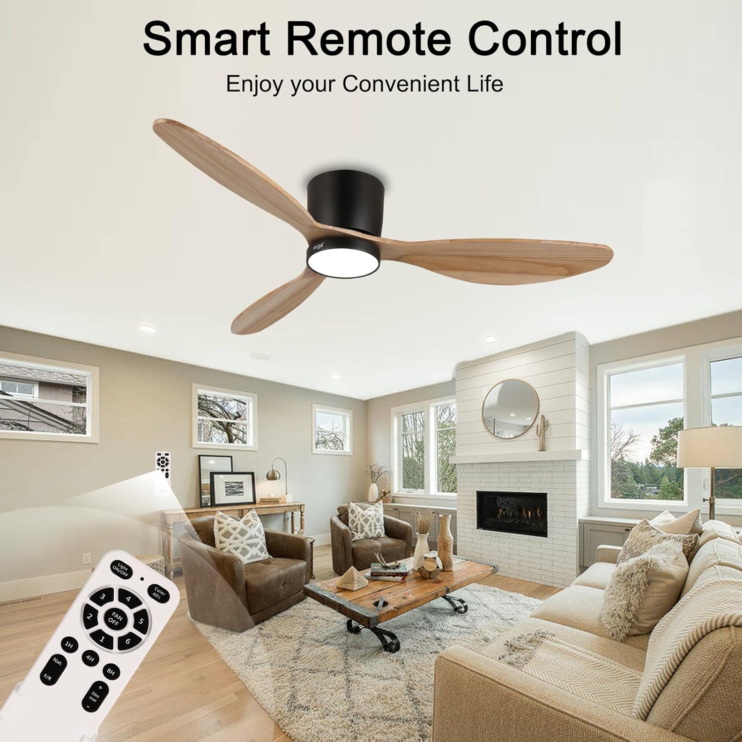 reiga 52" Natural Wood Ceiling Fan with Light and Remote, 3 Blade Flush Mount Low Profile Ceiling Fan for Bedrooom Living Room, Quiet DC Motor