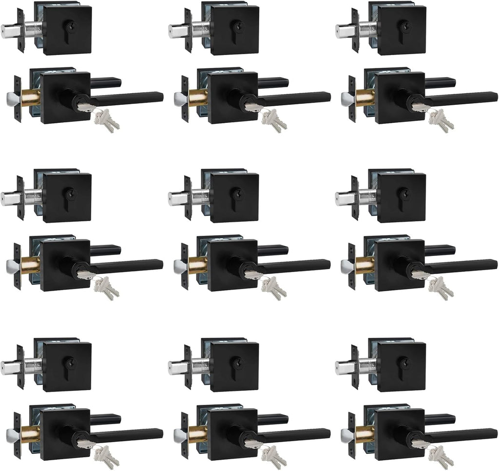 Keyed Entry Door Handle with Single Cylinder Deadbolt, Keyed Alike(Same Keys Only Per Set) Front Door/Exterior Door Lever Lockset, Matte Black, 9 Sets of Locks with 9 Sets of Different Keys