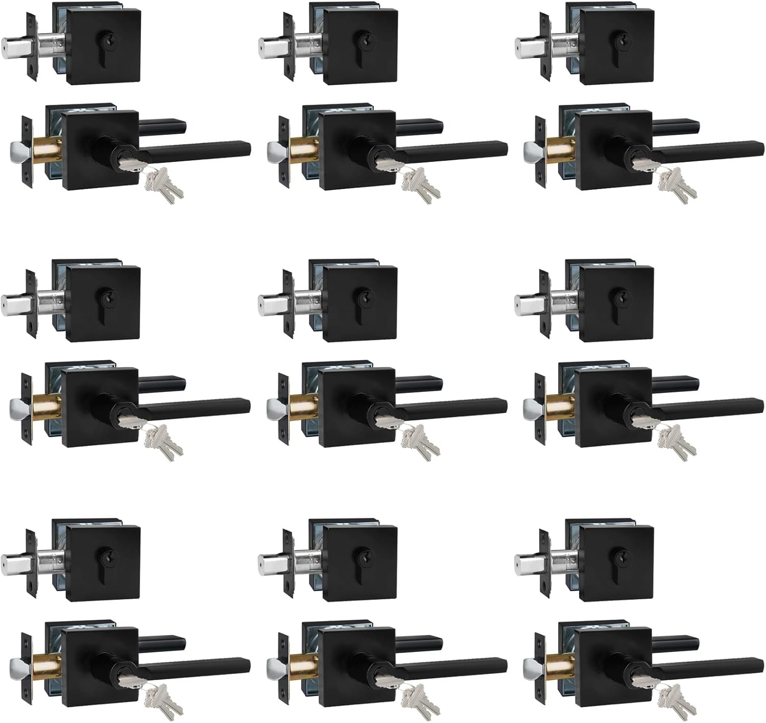 Keyed Entry Door Handle with Single Cylinder Deadbolt, Keyed Alike(Same Keys Only Per Set) Front Door/Exterior Door Lever Lockset, Matte Black, 9 Sets of Locks with 9 Sets of Different Keys