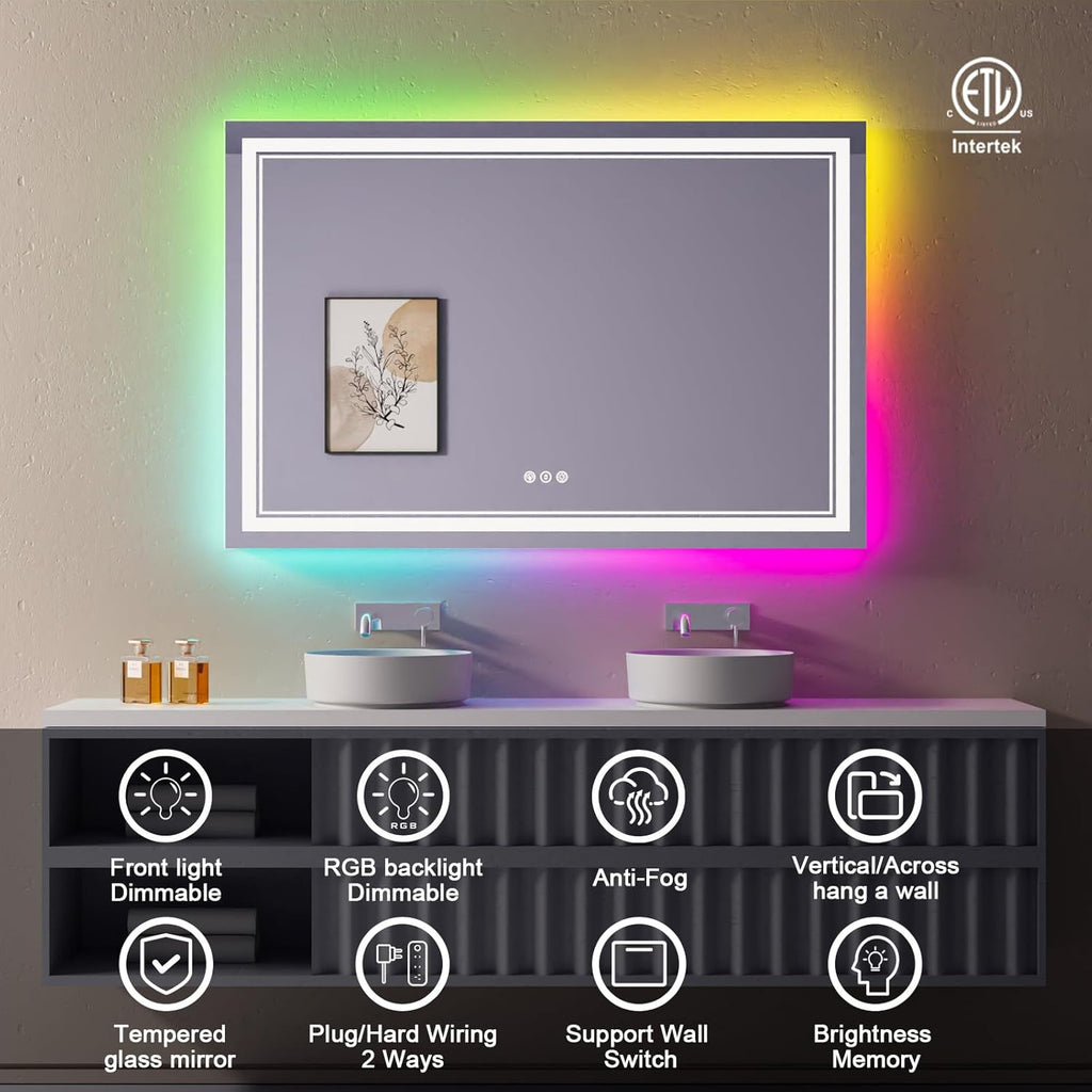 44x30 inch LED Bathroom Mirror with RGB Lights, Color Changing Backlit Mirror, Shatterproof, Dimmable Anti-Fog, Lighted Vanity Mirror (RGB Multicolor Backlit + Adjustable Front-Lighted)