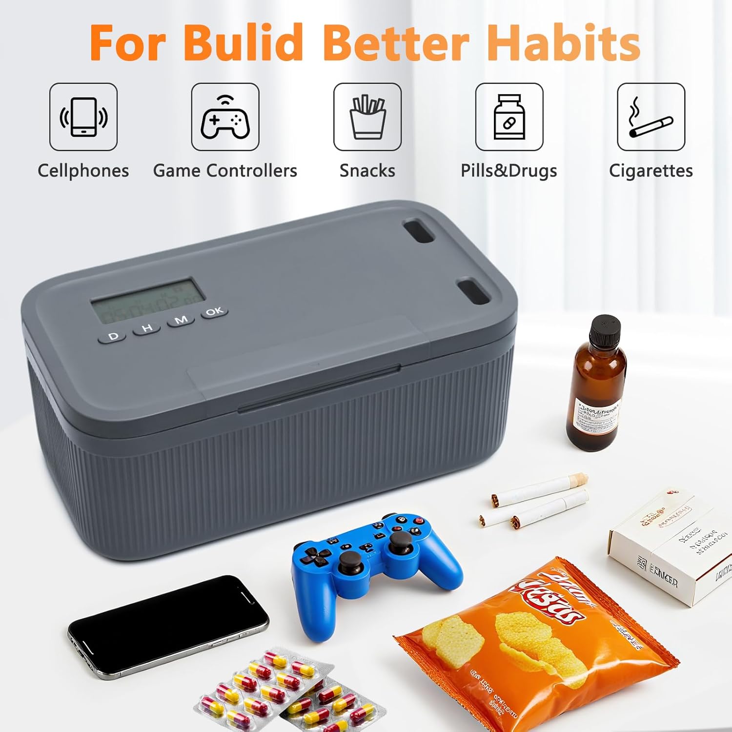 Timed Lock Box for Phone & Snacks | 2-in-1 Smart Lock with Digital Timer & Quick Access | BPA-Free Refrigerator Safe Container for Medicine,Electronics (5.5x5.5x6.3in) Gray