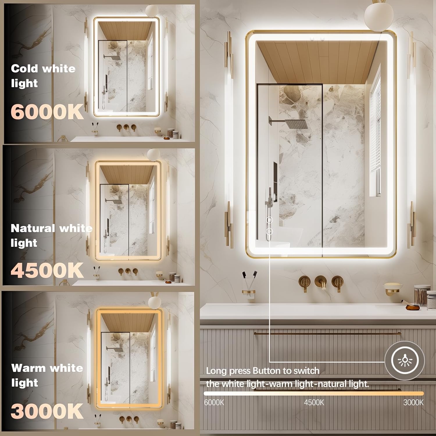 Rectangle LED Bathroom Mirror, 40"x30" Anti-Fog Double Touch Lighted Wall Vanity Mirror 45° Beveled Metal Frame Stepless Adjustable Color Temperature Smart Mirror 3000K-6000K, Gold