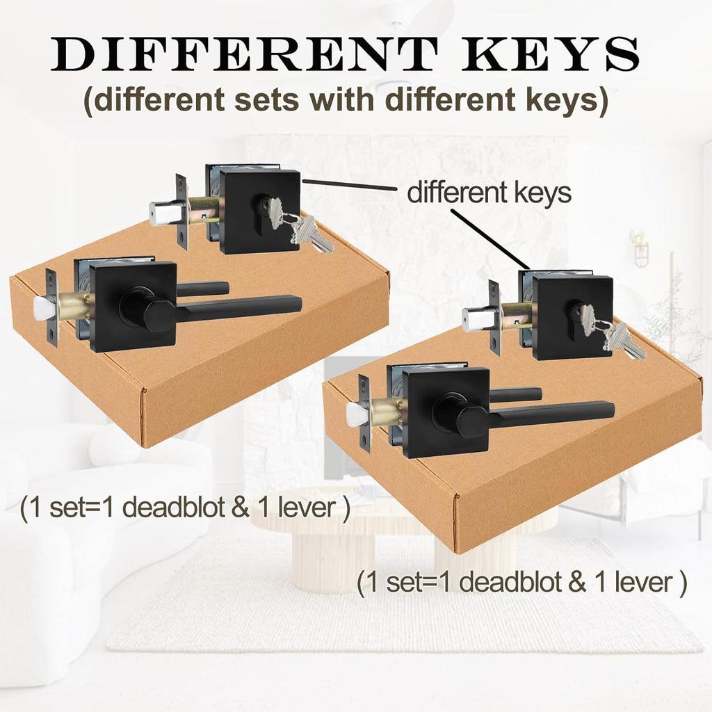 20 Sets Passage Door Lever and Single Cylinder Deadbolt Lock Set, Heavy Duty Square Handle for Entrance and Front Door, Matte Black, Different Keys