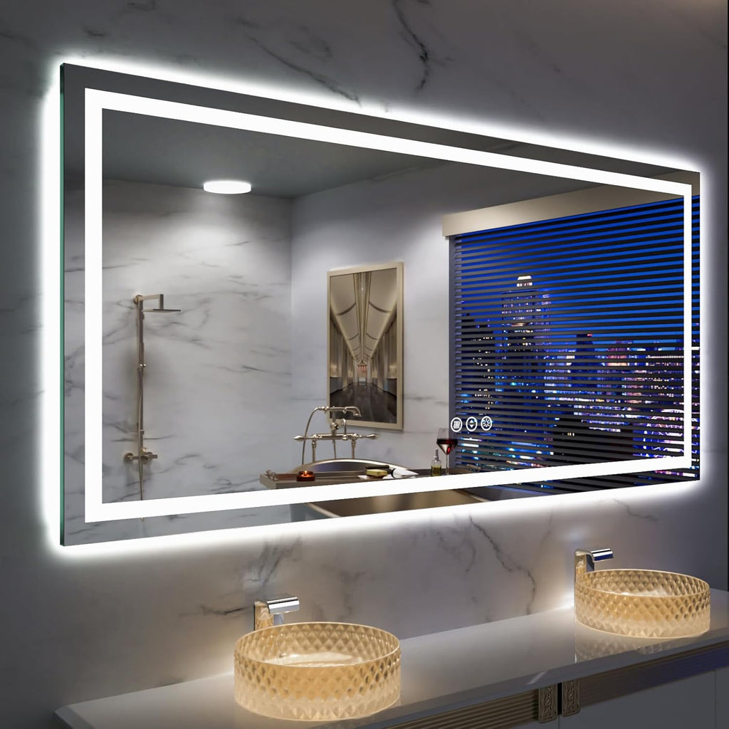 Amorho LED Mirror for Bathroom, 72''x 40'' with Front and Backlight, Large Dimmable Wall Mirrors with Anti-Fog, Shatter-Proof, Memory, 3 Colors, Double LED Vanity Mirror