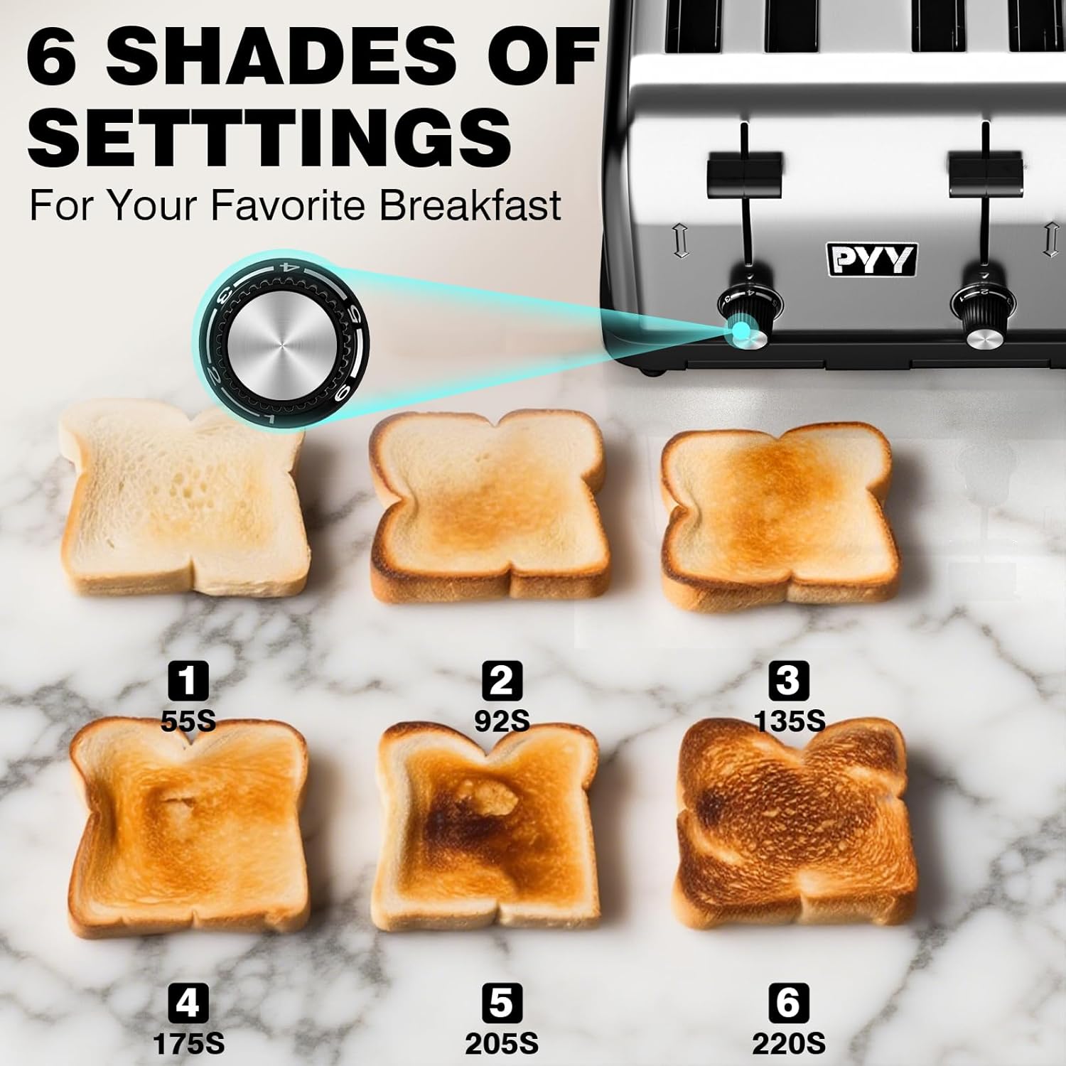 PYY Commercial Toaster 4 Slice for Restaurant - Wide Slots 1.57 inch Stainless Steel 6-Level Setting, with Removable Crumb Tray, 225 Slices/Hour 1800W - Bread, Bagels, Breakfast, Toast