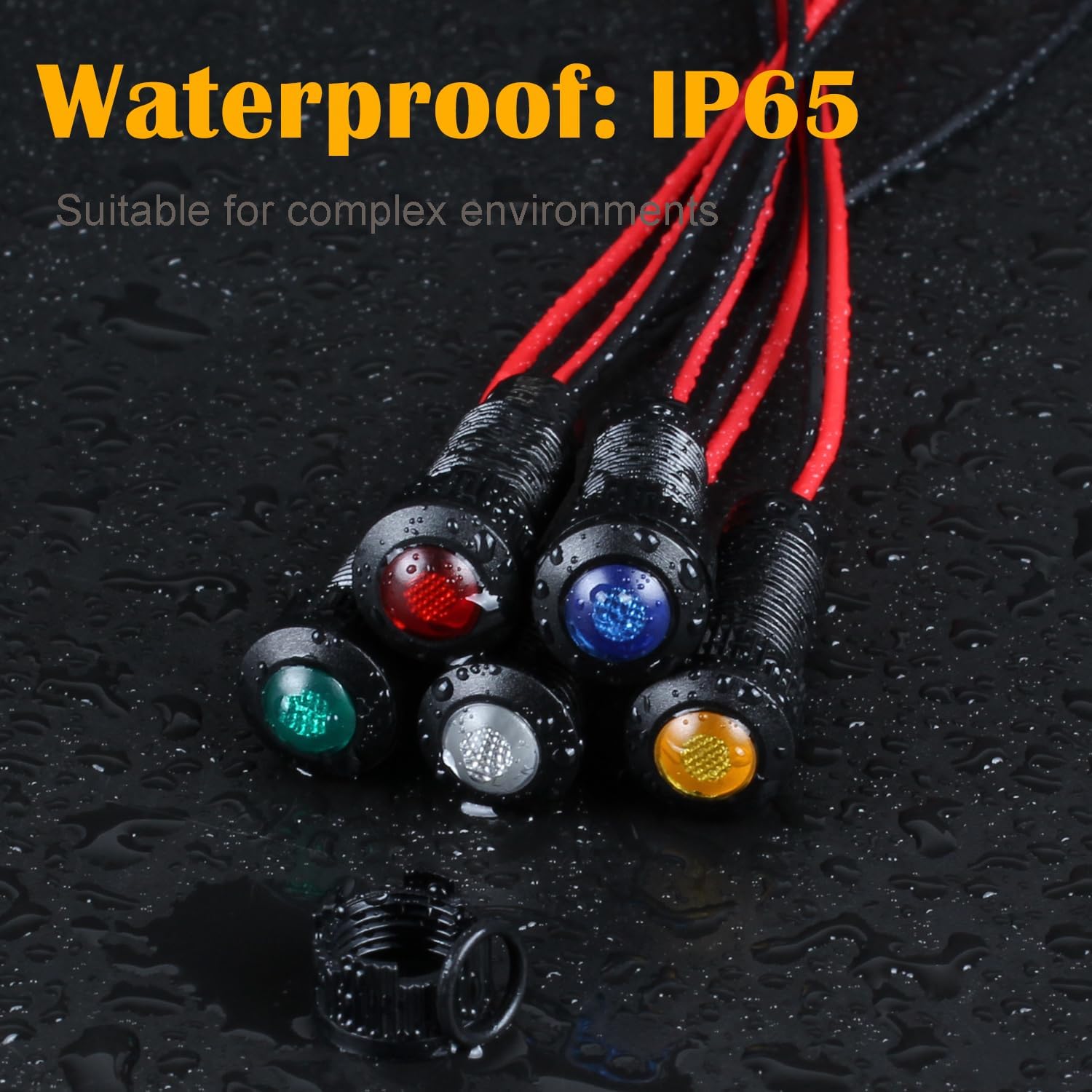 5pcs 8mm LED Indicator Light Plastic Black Signal Dot Lamp 12V-24V 5/16" Mounting Hole Size with 15cm/5.9in. Wire (Yellow LED)
