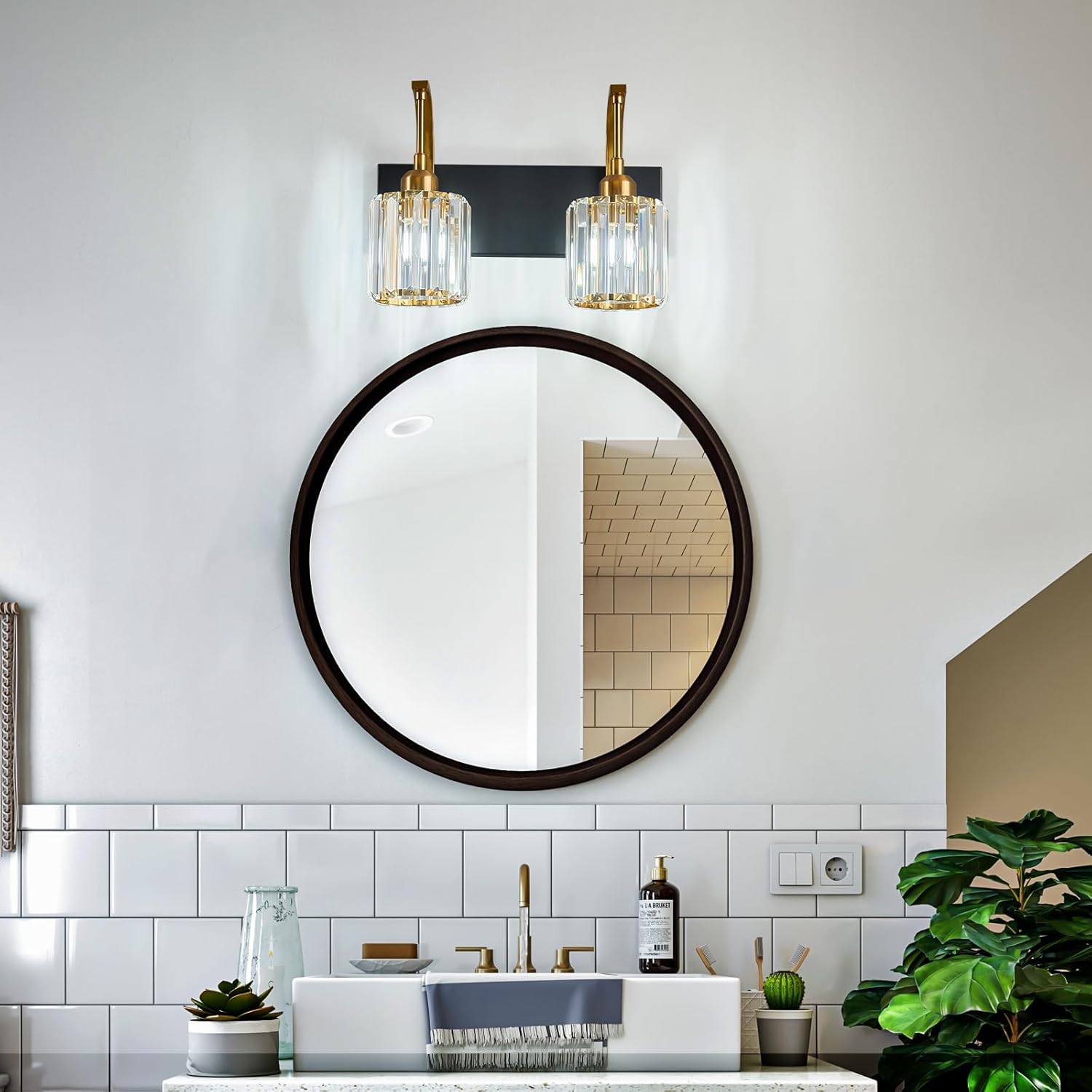 Bathroom Crystal Vanity Lights 2-Light Black Gold Wall Lamp Modern Crystal Bathroom Light Fixtures Over Mirror 13.77" Long Wall Sconce