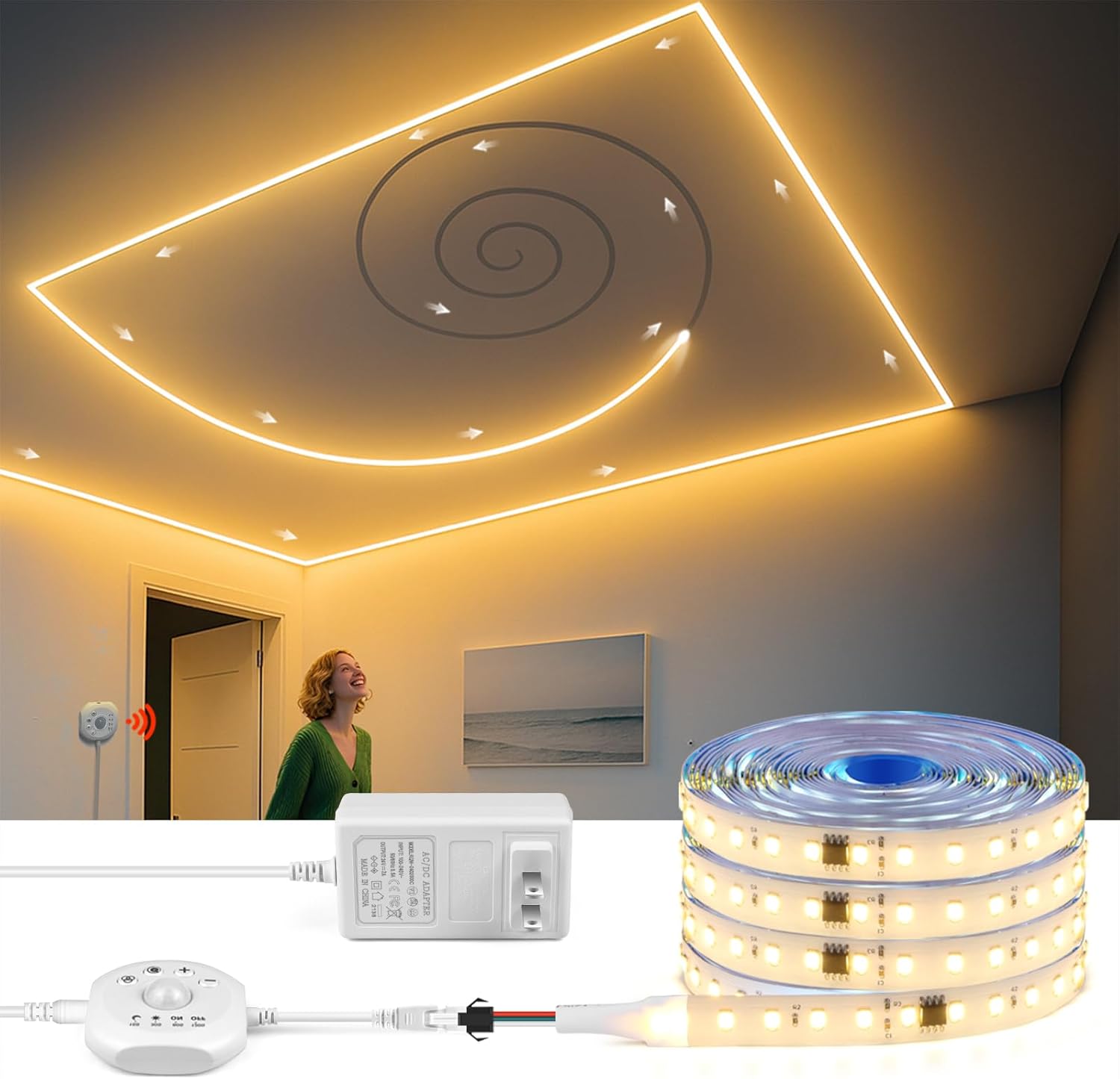 32.8Ft Motion Activated Running Water Flowing LED Strip Light Kit,3000K Dimmable LED Strip Lights, 24V Motion Sensor Horse Race LED Tape Light for Room Stair Corridor
