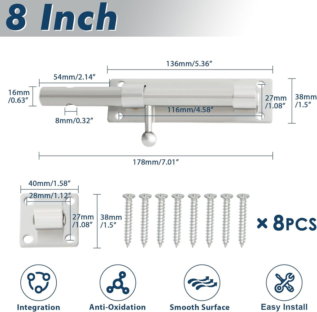 Alise 8 inch Barrel Bolt Latch,Slide Bolt Latch,Heavy Duty Solid SUS304 Stainless Steel Slide Lock for Wooden Fence,Barn Door,Interior or Outdoor Door Brushed Nickel MS9000-LS