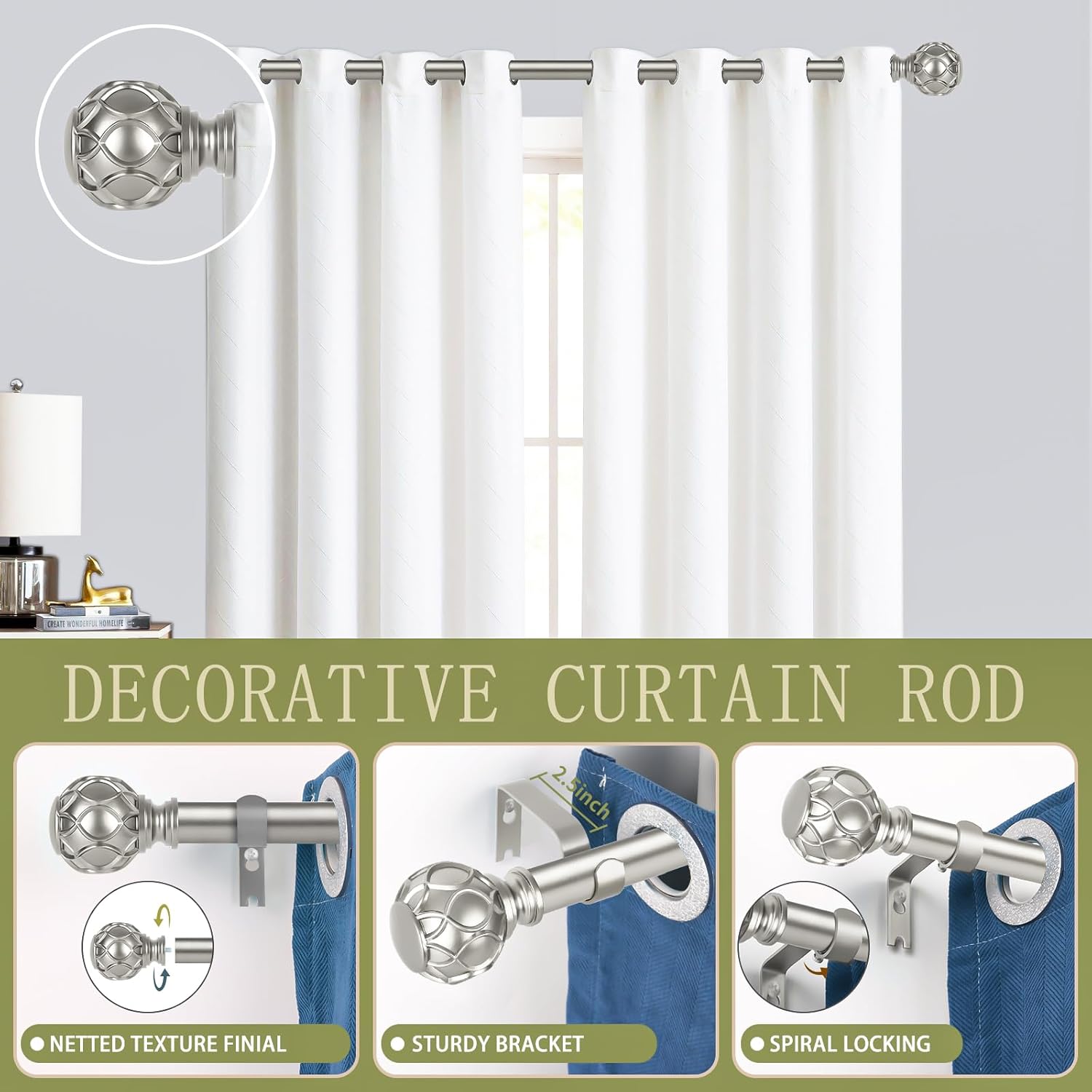Silver Farmhouse Curtain Rods for Windows:Heavy Duty Adjustable Curtain Rod for Bedroom Living Room,Boho Decorative Rustic Drapery Rods with Vintage Coastal Finial,Antique Silver 2 Pack 36-88"
