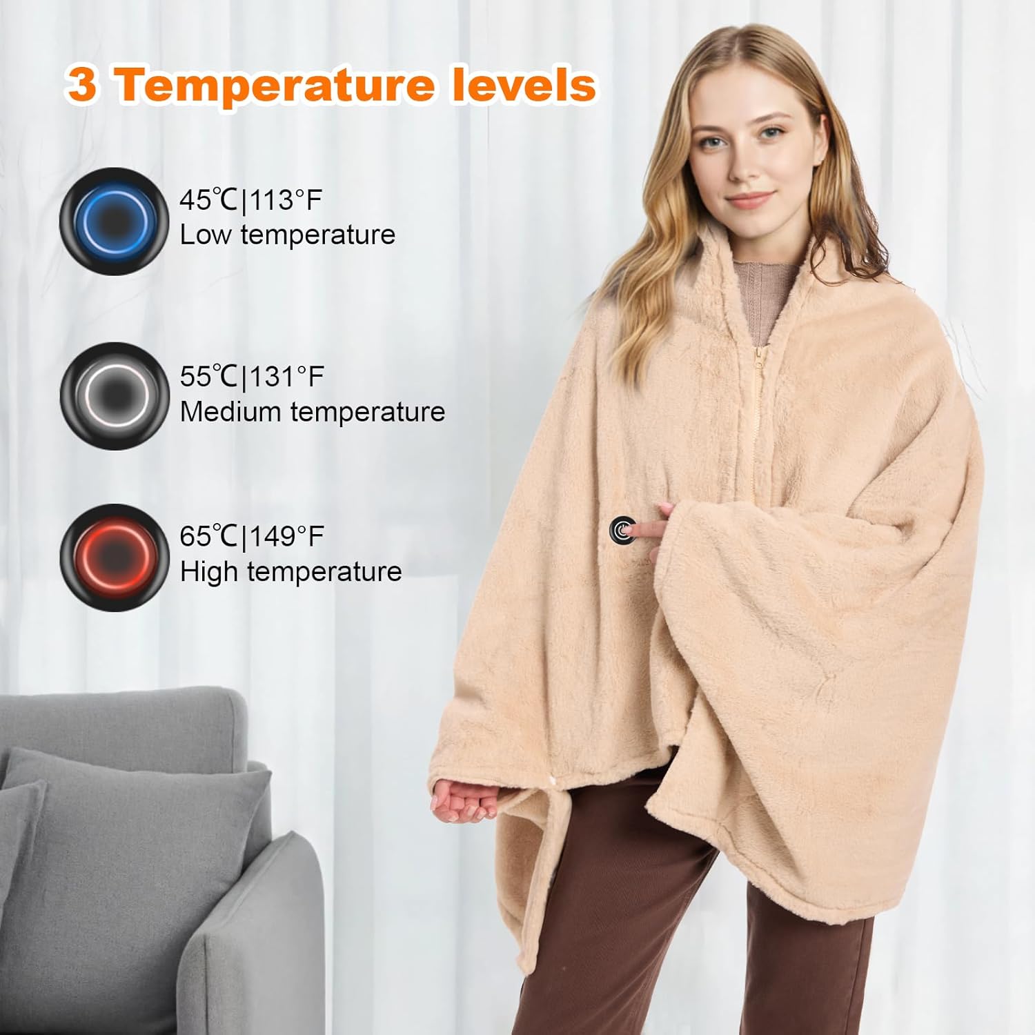 Graphene Heated Blanket Battery Operated, 20000mAh Battery 7.4V Fast Heating Blanket 70''x 35'' Portable Heated Shawl, Cordless Rechargeable Heated Shawl 3 Temperature Settings, Gift for Women (Khaki)