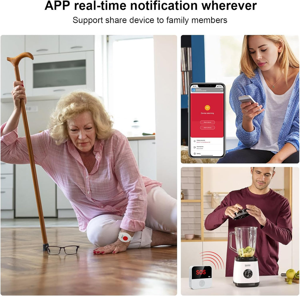 WiFi Pager, Caregiver Pagers Life Alert Systems for Seniors no Monthly Fee, 1 Receiver and 1 SOS Panic Button & 1 Watch Pager, Compatible with Tuya Smart/Smart Life APP