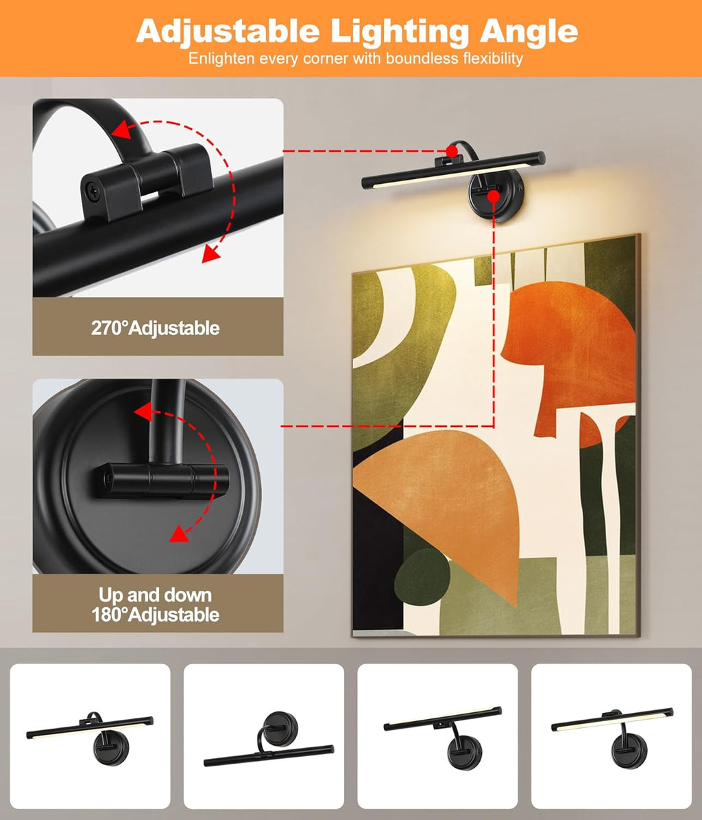 Rechargeable Picture Light for Wall, Cordless Art Lights Battery Operated, Dimmable Wall Light with Remote & Timer, 3 Color Modes for Paintings, Gallery, Artwork(Black, 15.7inch)