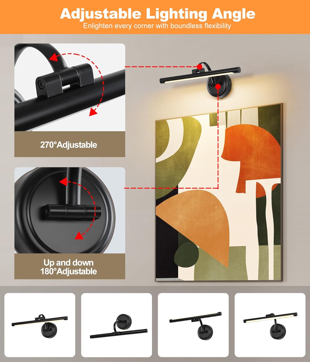 Rechargeable Picture Light for Wall, Cordless Art Lights Battery Operated, Dimmable Wall Light with Remote & Timer, 3 Color Modes for Paintings, Gallery, Artwork(Black, 15.7inch)