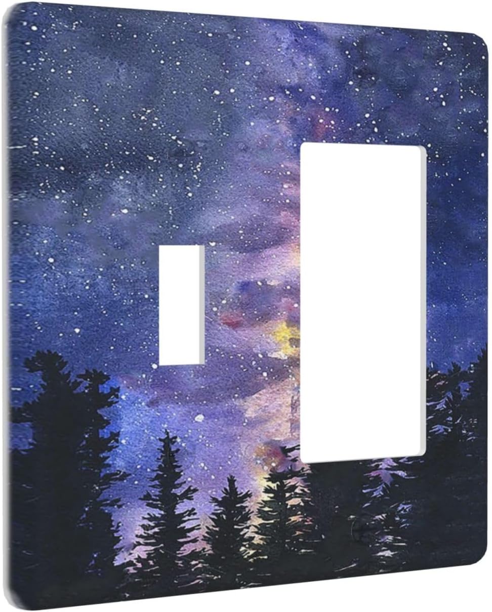 Outlet Covers Dream Milky Way Starry Forest Pine Watercolor Painting 1 Toggle 1 Rocker Combination Decorative Wall Plate Light Switch Cover Plate Electrical Switch Plates for Bedroom Home Decor