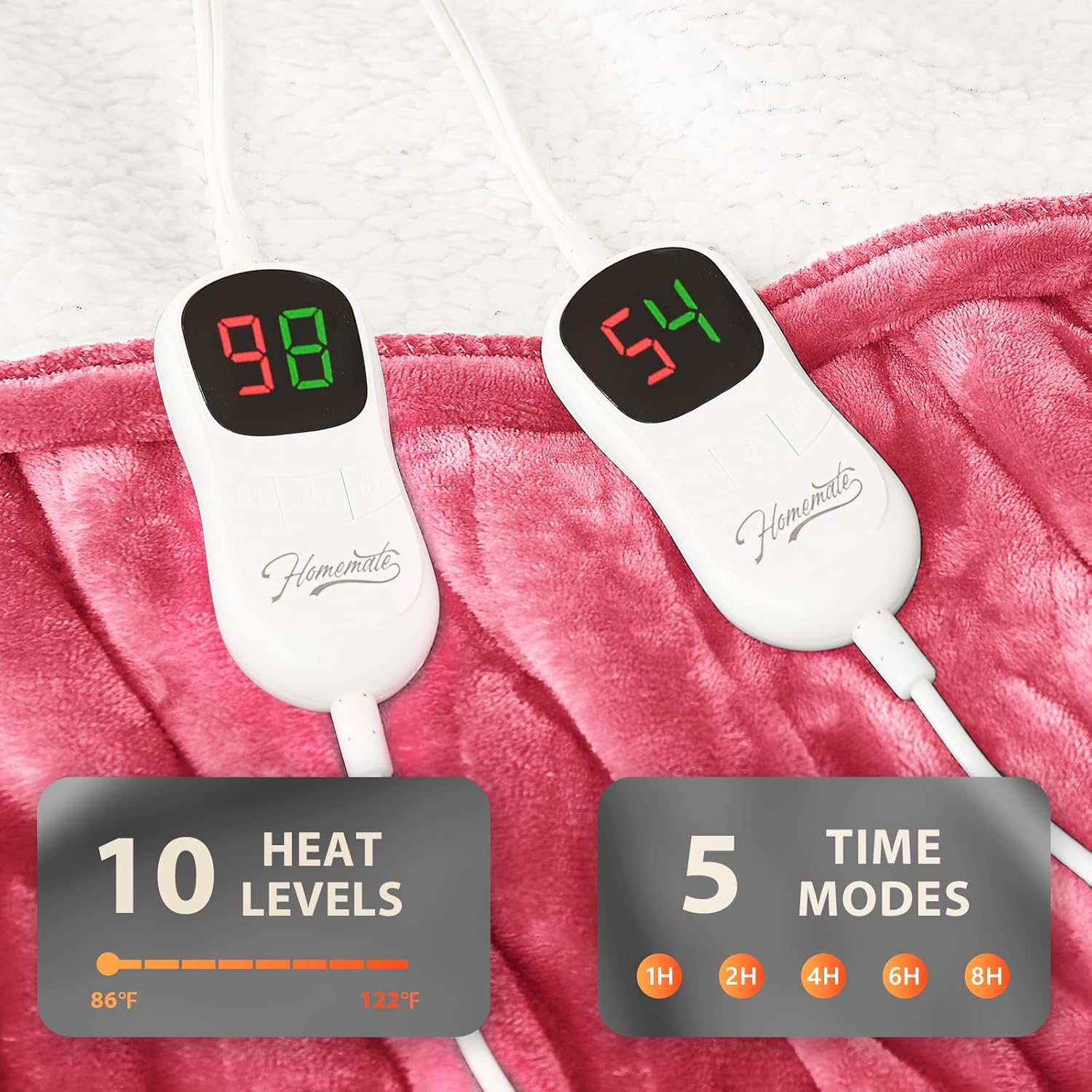 Homemate Electric Heated Blanket Queen - 84"x90" Heating Bed Blankets Throw with 10 Heating Levels 8 Hours Auto Off Fast Heating Over-Heated Protection Ultra Soft Warm Flannel ETL Certified