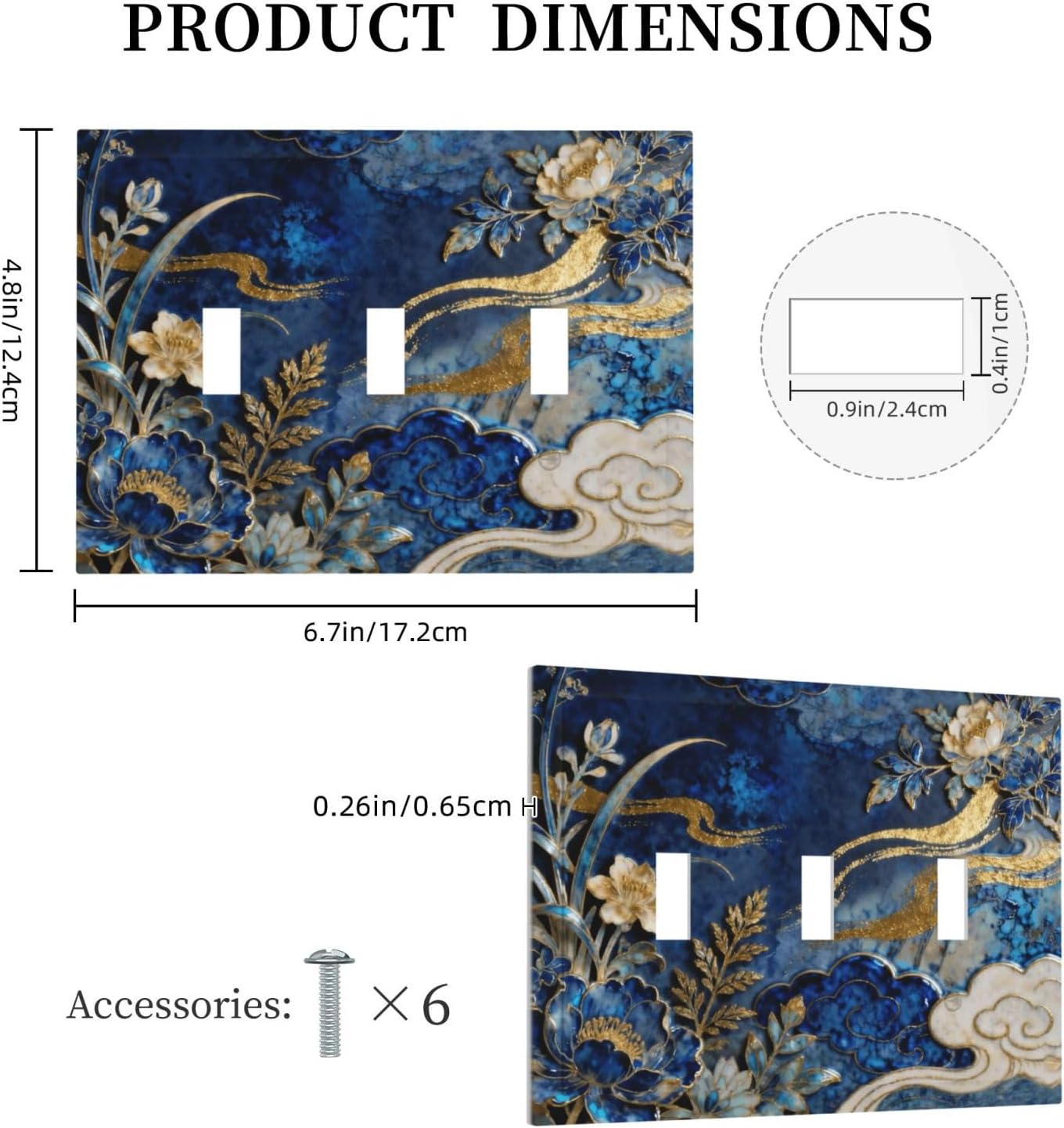 Decorative Light Switch Cover Plate Blue White Flower Gold Line Cloud 3 Gang Wall Plates for Electrical Outlets Triple Toggle Switch Plate Covers Outlet Covers Faceplate for Home Decor