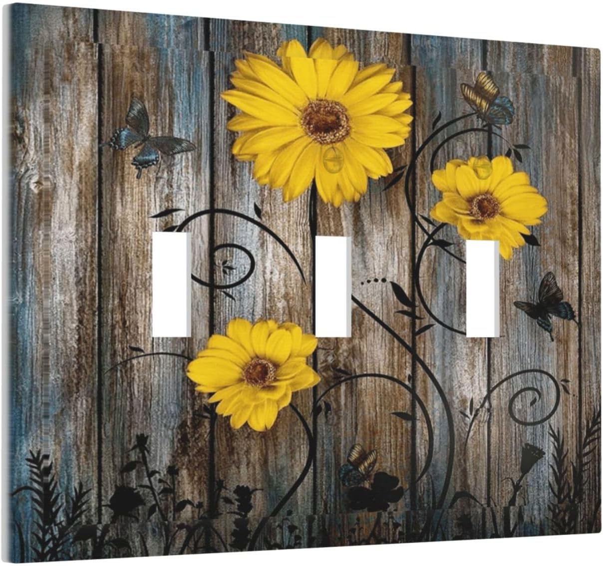 Rustic Barn Sunflower Wooden Daisy Flower Plank Decorative Switch Plates 3 Gang Wall Plate Triple Toggle Light Switch Cover Faceplate Electrical Wall Panels for Farmhouse Home Decor