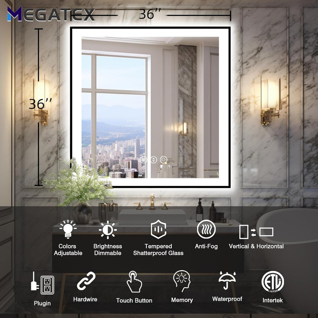 36x36 Square Lighted Bathroom Mirror, Wall-Mounted, Black Rim Mirror, Vanity(Front and Backlit), Stepless Dimmable CRI90+, Anti-Corrosion, Anti-Rust, Touch Sense, Memory(Horizontal/Vertical)