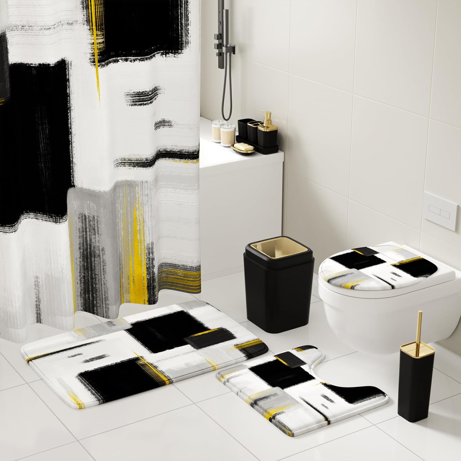 Bathroom Accessories Set - 26PCS Black Bathroom Set, Bathroom Accessory Set with Shower Curtain and Rugs and Bathtub Mats for Home