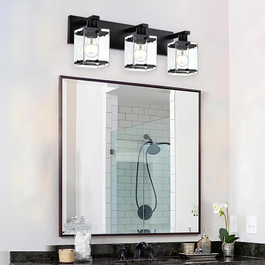 3-Light Black Bathroom Light Fixture Over Mirror, Vanity Wall Lighting with Rectangular Clear Glass, E26 Bulb Base