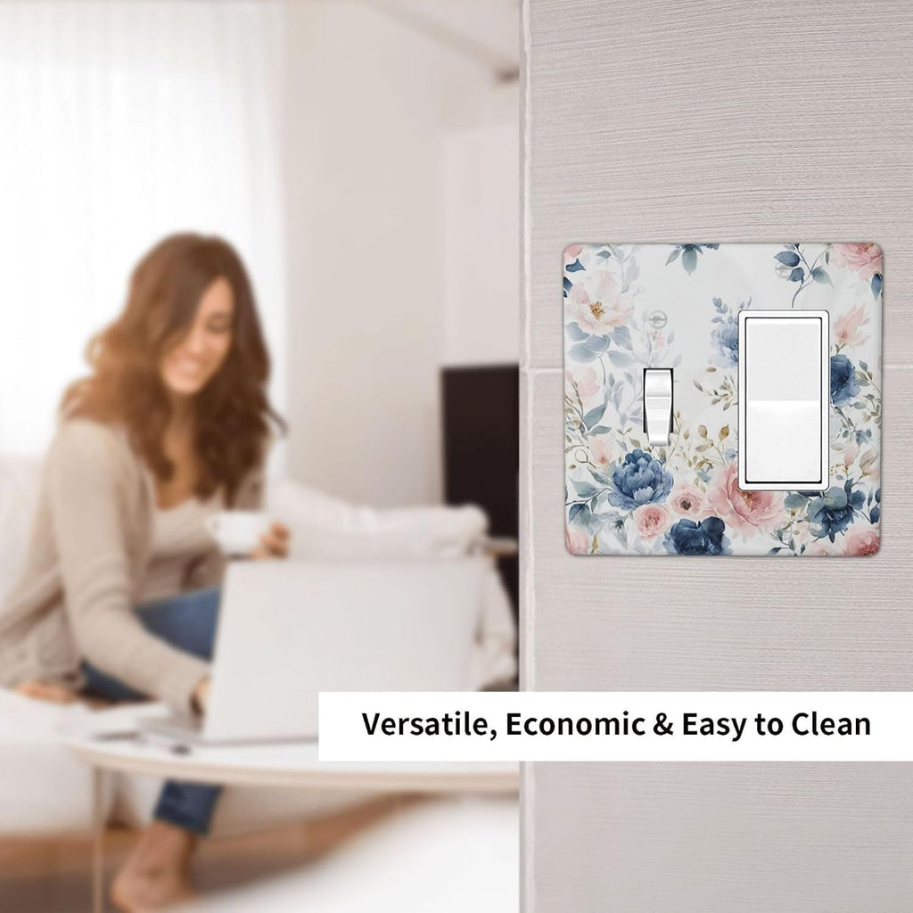 Elegant Watercolor Pink Blue Flowers Floral 2 Gang Combo 1 Toggle 1 Rcoker Light Switch Covers Decorative Switch Plates Electrical Switch Plates and Outlet Covers for Home Art Decor 4.5 X 4.5 IN