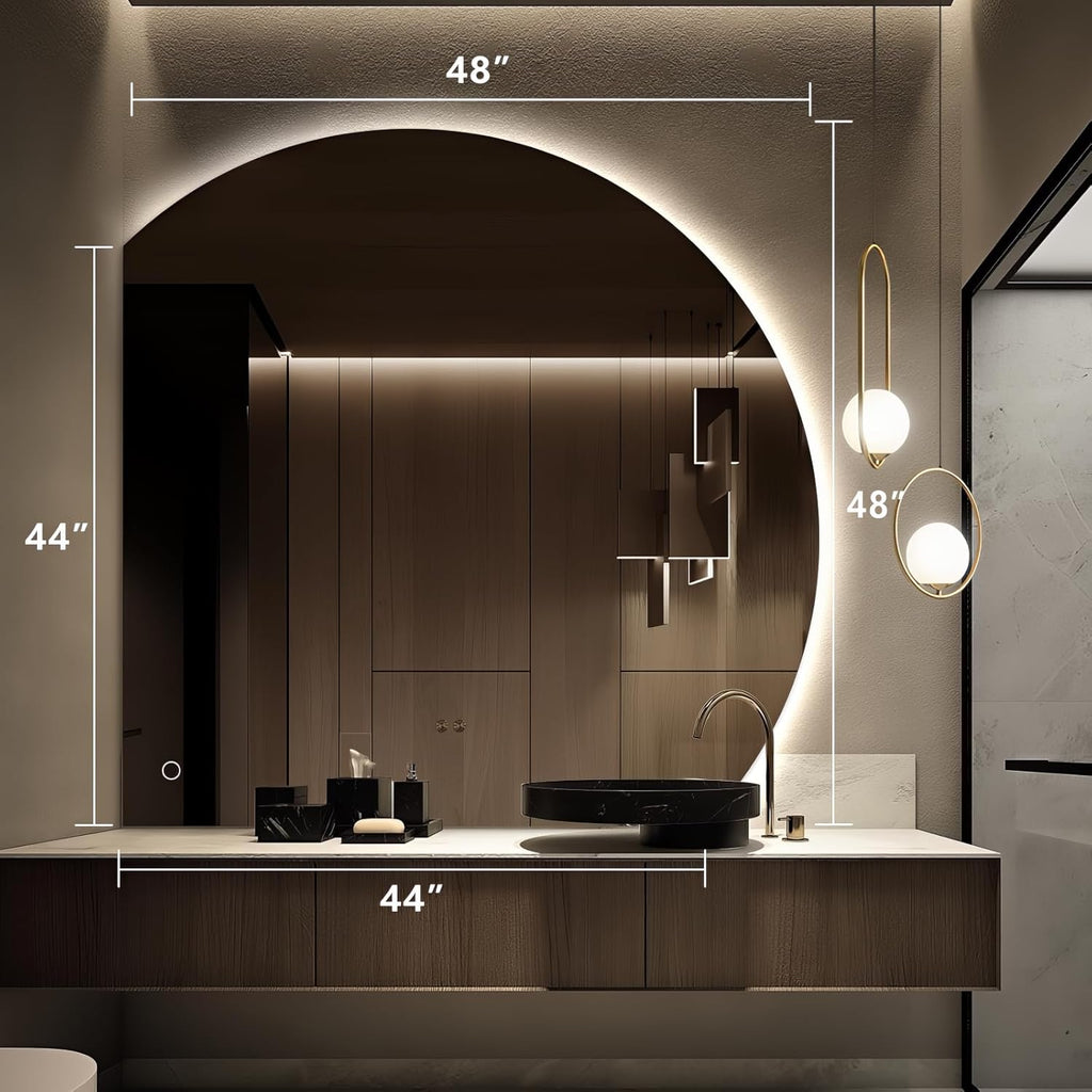 Niccy Half Moon LED Mirror for Bathroom, 48" Semi Backlit Mirror Frameless Makeup Mirror with Light, Anti-Fog, Shatter-Proof, 3 Colors, Smart Vanity Mirror