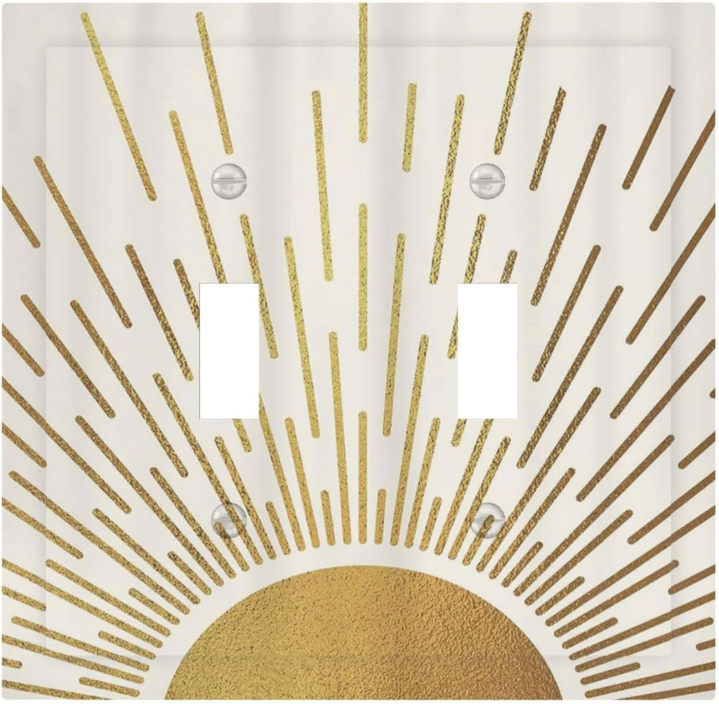 Decorative Light Switch Cover Plate Boho Mid Century Gold Sun Sunbeams 2 Gang Outlet Covers Double Toggle Wall Plates for Electrical Outlets Switch Plate Covers Faceplate for Bedroom Decor