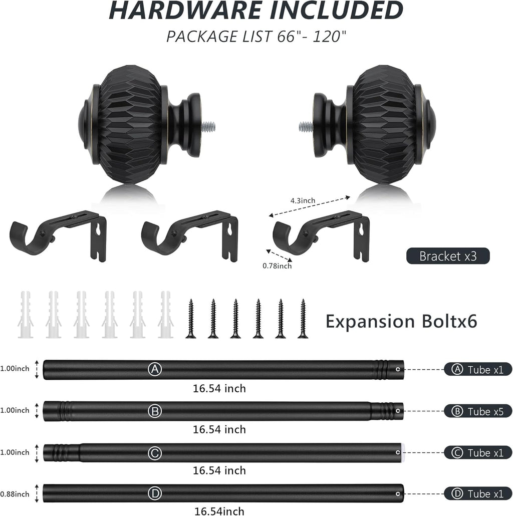 Black Curtain Rods for Windows 66 to 120 Inches 1 Inch Adjustable Heavy Duty Curtain Rods with Lantern Ball Finials,Window Treatment Single Curtain Rod Set