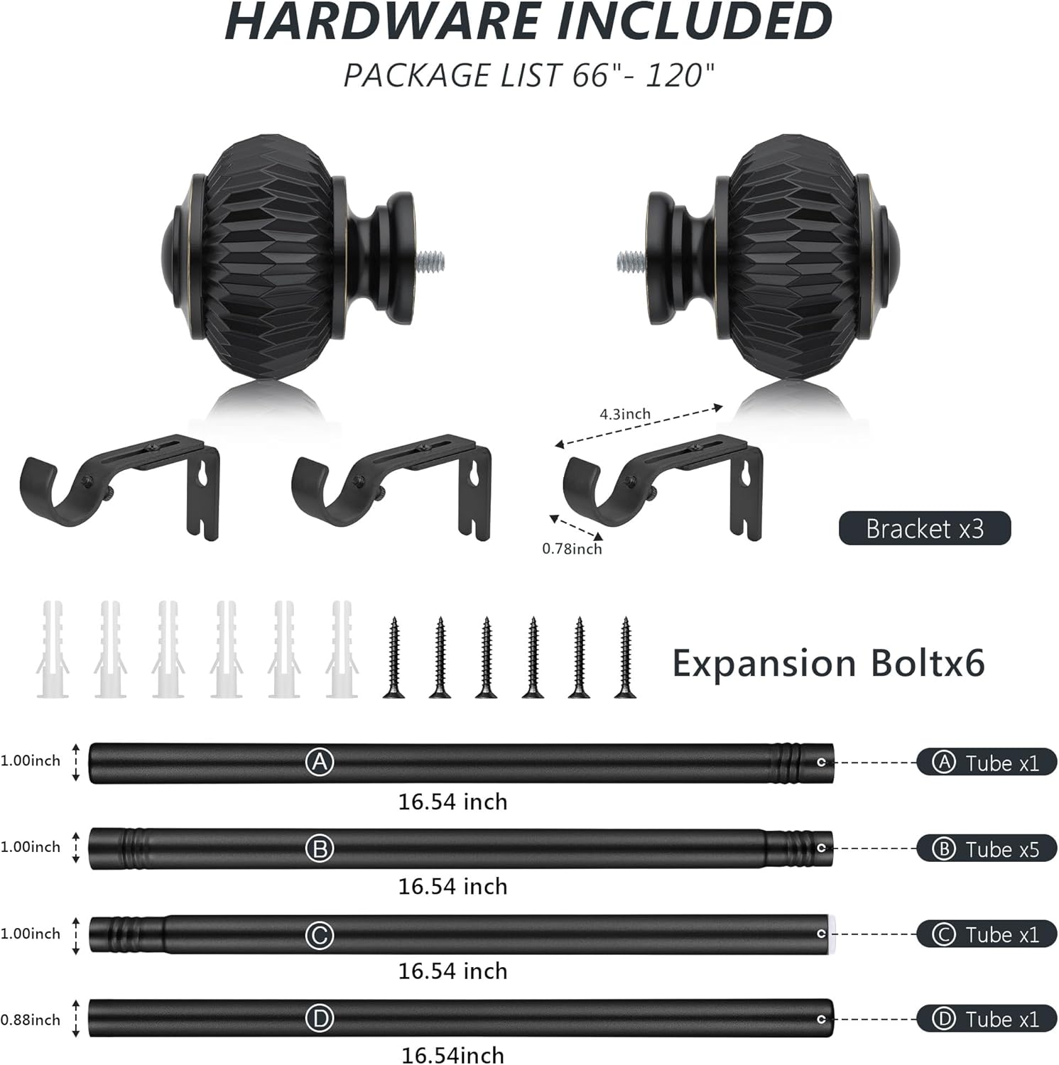 Black Curtain Rods for Windows 66 to 120 Inches 1 Inch Adjustable Heavy Duty Curtain Rods with Lantern Ball Finials,Window Treatment Single Curtain Rod Set