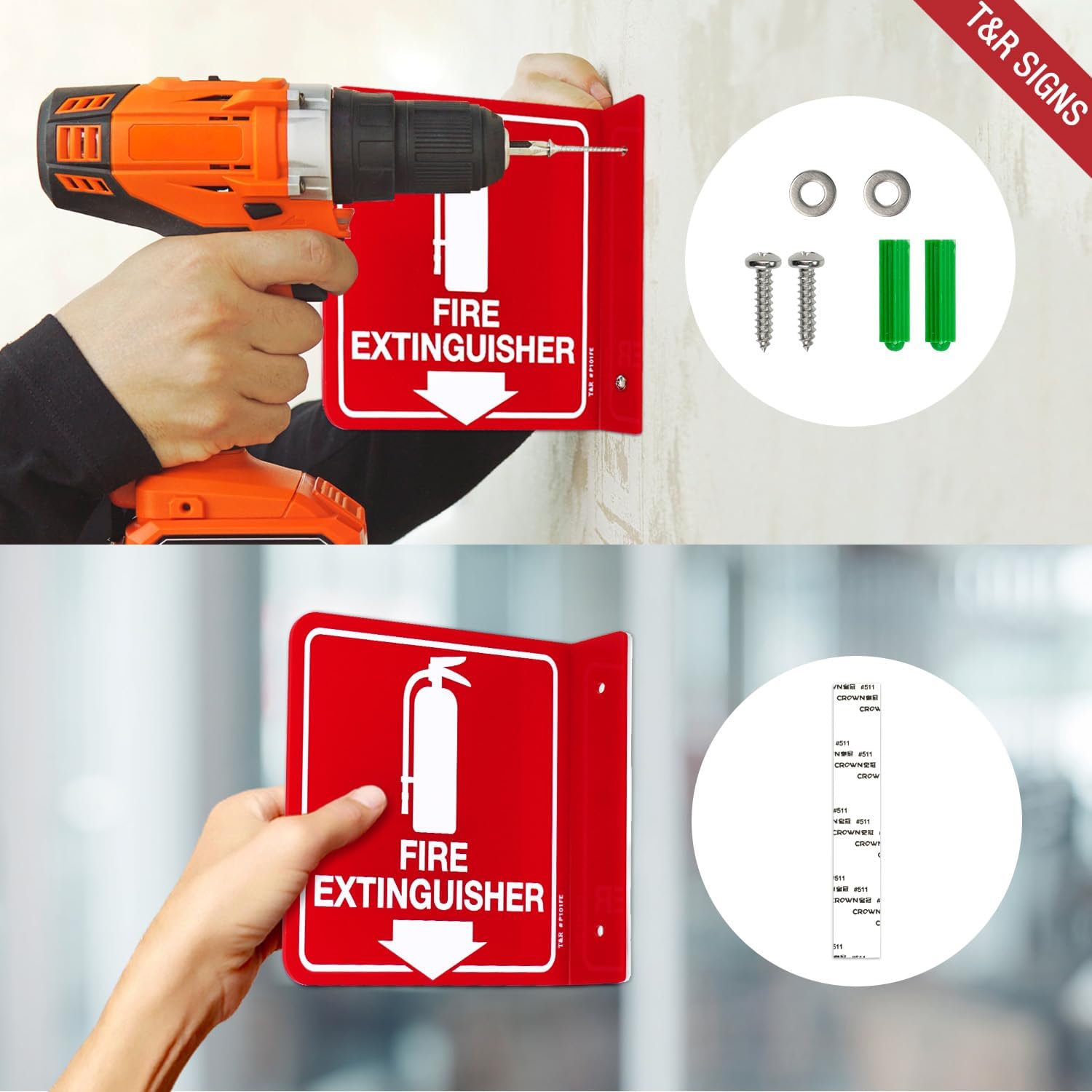 T&R Fire Extinguisher Sign, Fire Extinguisher with Down Arrow - 2 Pack - 6 x 6 Inches Acrylic, 2 pre-drilled holes, Includes Matching Screws, Use for Home Office/Business