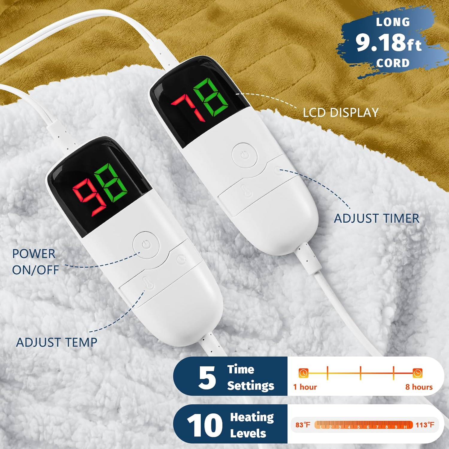 Heated Electric Blanket King Size - 90" x 100" Heating Blanket with Dual Control, 10 Heating Levels & 8 Hours Auto Off, Soft Warm Flannel Blanket, Christmas Birthday Gifts for Senior Grandma