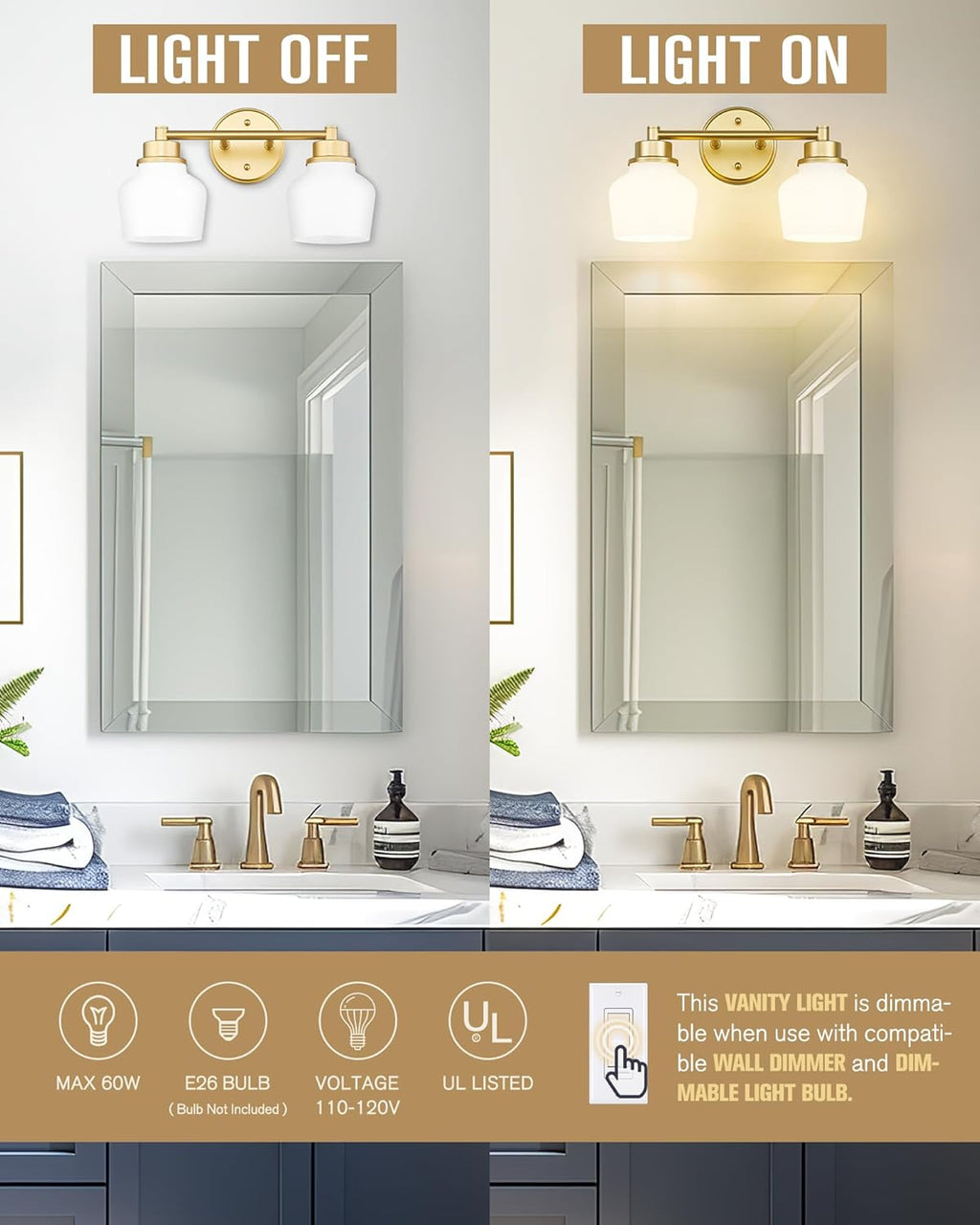 Emak Modern Gold Bathroom Light Fixtures, 2-Light Vanity Lights with Milk Glass Shade for Bathroom, Mirror, VL122-GD-ML-2