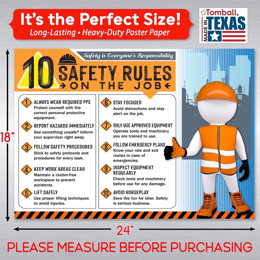10 Safety Rules on the Job Poster 2026 – 18x24 Durable Laminated Business Safety First Poster Sign, Tear-Resistant, Waterproof Workplace Safety & Industrial Safety Poster for Construction (Pack of 1)