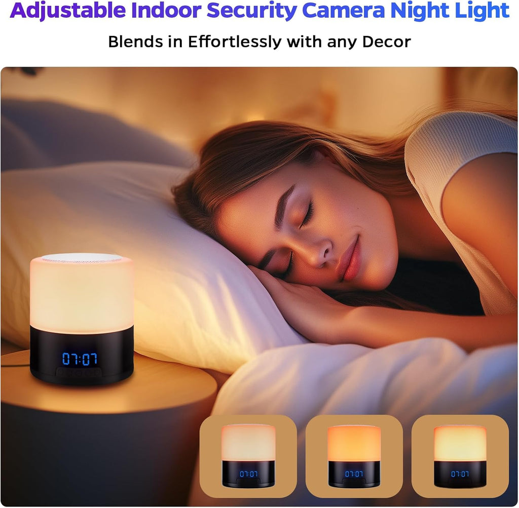 Security Camera Indoor for Home - Bluetooth Speaker - Homekit Camera - 1080P Clock Camera with 160°Rotating Viewing Angle - Night Light - AI Motion Detection