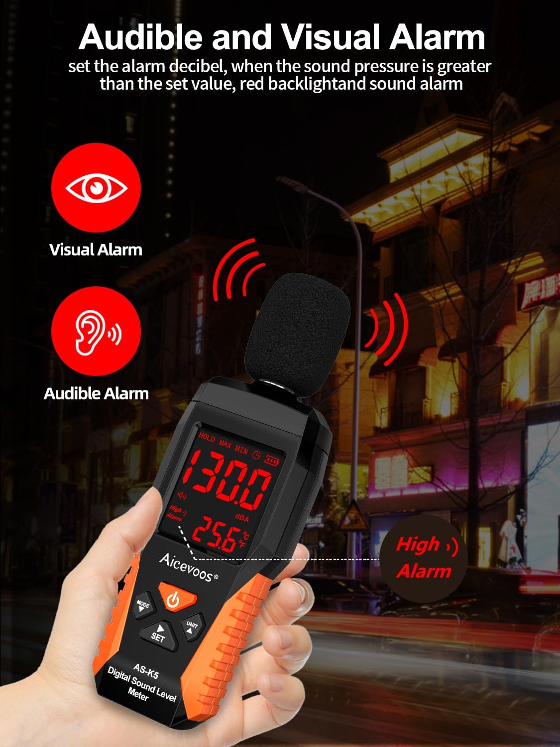 Decibel Meter Portable Sound Level Meter dB Meter decibel sound Meter Measuring 30~130 dB, Audible and Visual Alarms, MAX/MIN Noise Measurement
