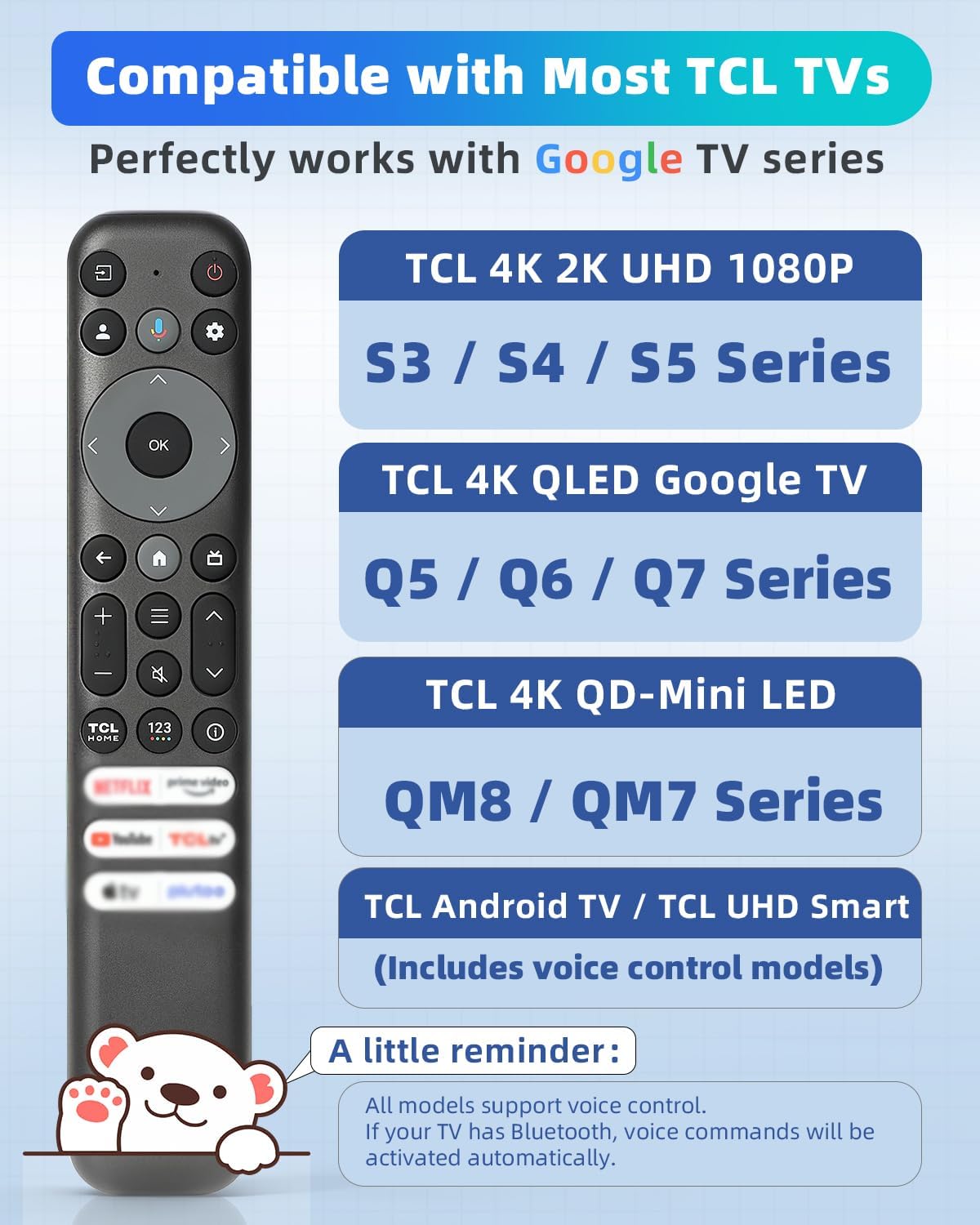 Voice Remote Replacement Compatible with TCL Google TV Remote, for QM8 QM7 Q7 Q6 Q5 S5 S4 S3 Series 4K UHD HDR LED QLED QD-Mini LED Full-HD Smart TVs (Not Applicable to Roku TVs)
