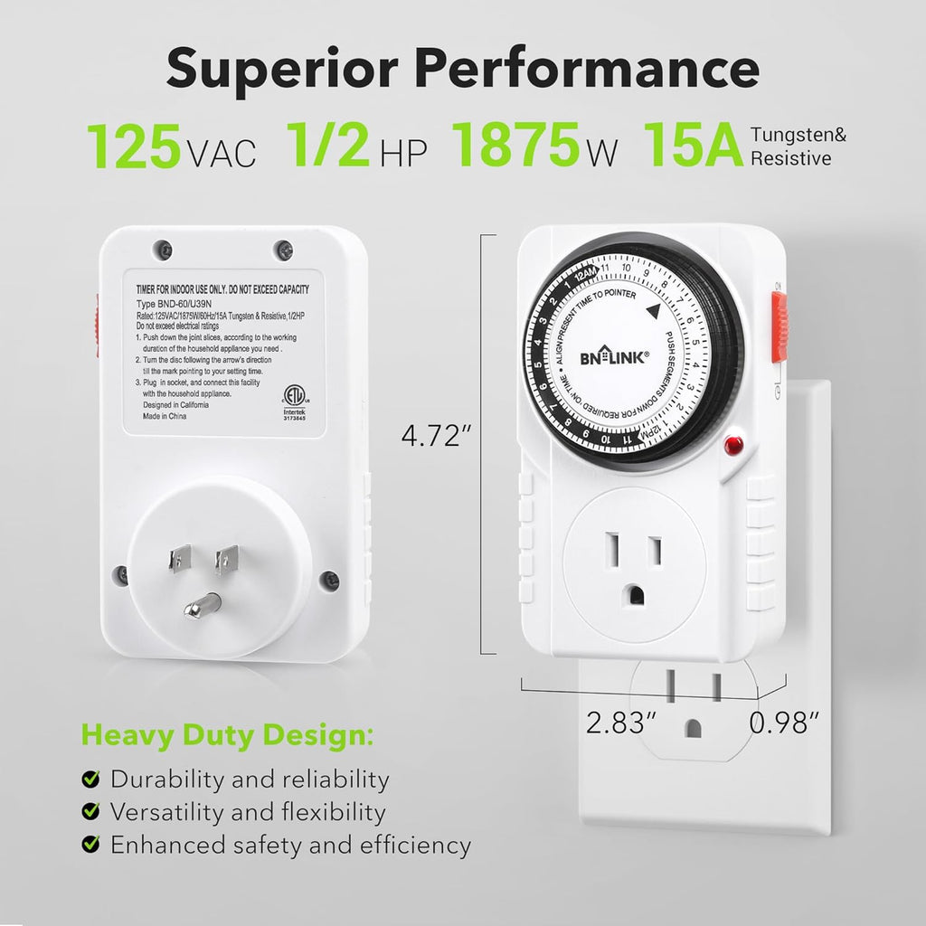 BN-LINK 24 Hour Plug-in Mechanical Timer Grounded for Aquarium, Grow Light, Hydroponics, Indoor Lighting, Home Appliances, ETL Listed 125VAC, 60 Hz, 1875W, 15A, 1/2HP (2 Pack)