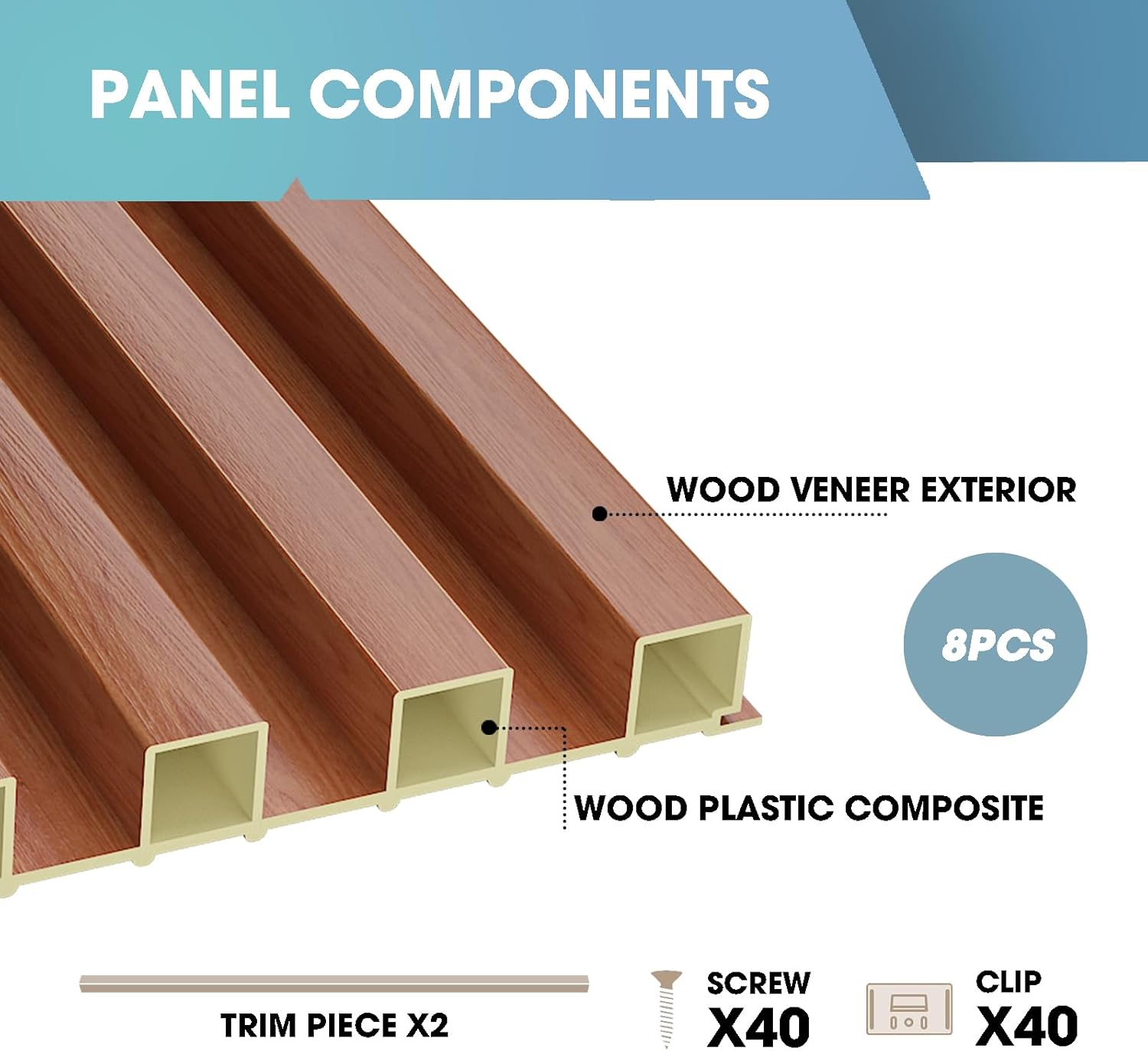 OUZUGIE WPC Acoustic Slat Wall Paneling, 8-Pack 114 x 6 Inches 3D Wall Panels for Interior Wall Decor,Living Room,TV Background,Study Room,Office Spaces,Bedroom,High Grille (Teak)