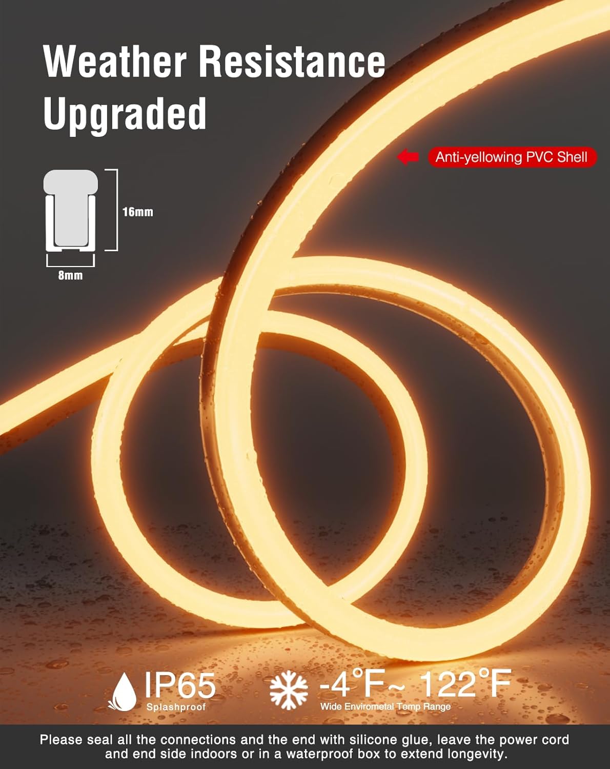 Shine Decor LED Neon Rope Lights AC 120V, Expandable & Cuttable 120LEDs/M Bright Strip Lighting, ETL Cold-Resistant & IP65 Waterproof for Indoor Outdoor, 8x16mm, 2500K Warm White, 131.2ft