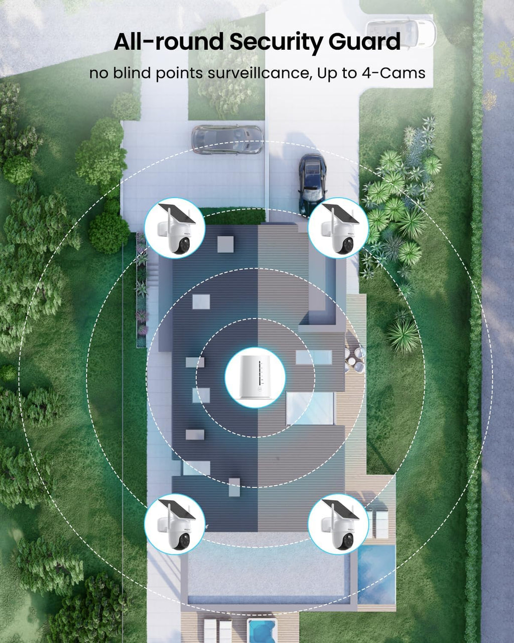 Security Cameras Wireless Outdoor, 4 Cam-Kit, 4MP Solar Security Camera Wireless System with 360° Pan & Tilt, HD Color Night Vision, Motion Detection, 64GB Memory Card, No Monthly Fee