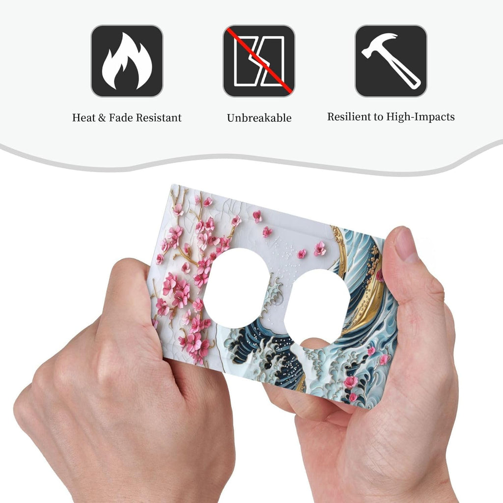 Outlet Covers The Great Wave Off Kanagawa With Sakura 1 Gang Duplex Wall Plate Decorative Switch Plates Electrical Receptacle Faceplate Light Switch Cover for Bedroom Bathroom Decor